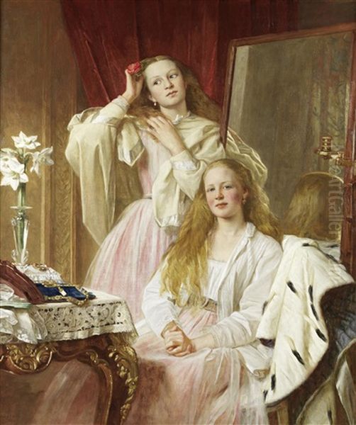 Portrait Of Emma And Federica Bankes Of Soughton Hall At Their Dressing Table Oil Painting by Henry Tanworth Wells