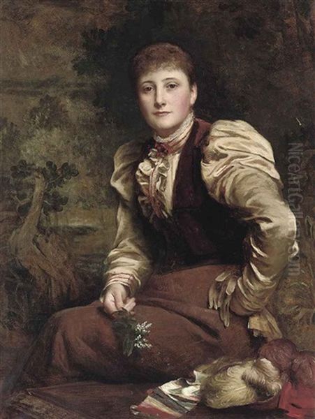 Portrait Of Ruth Hodgson In A Brown Dress, Holding A Spray Of Lilies Of The Valley Oil Painting by Henry Tanworth Wells