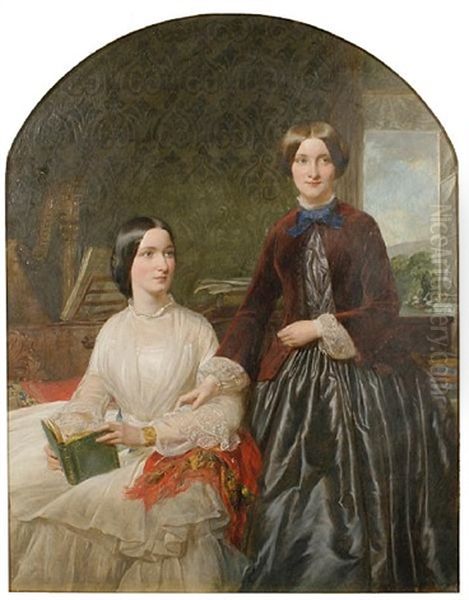 A Portrait Of Two Young Women In An Interior Oil Painting by Henry Tanworth Wells