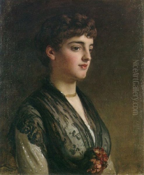 A Portrait Of A Lady With A Black Lace Shawl Oil Painting by Henry Tanworth Wells