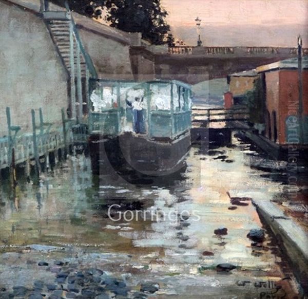 Houseboats On The Seine Oil Painting by William Page Atkinson Wells