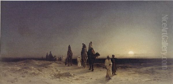 Crossing The Desert At Sunset Oil Painting by Karl Friedrich Christian Welsch