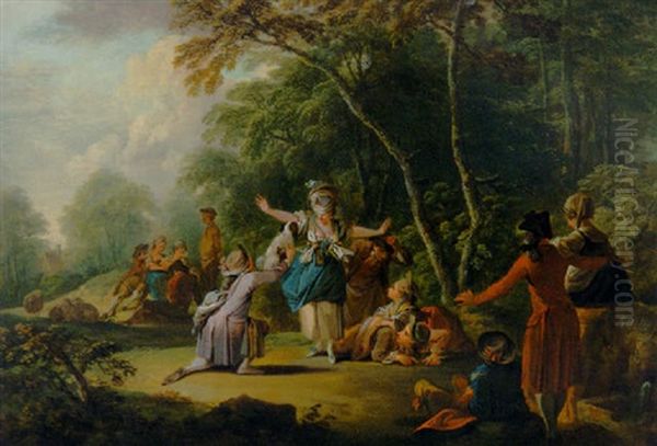 Elegant Company Playing Blind-man's-buff In A Wooded Landscape Oil Painting by Gottlieb Welte