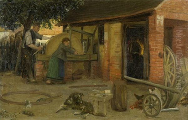 Stellmacher Und Seine Tochter Am Schleifstein Einer Alten Schmiede Oil Painting by Carl Welz