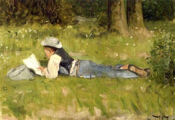 Im Grunewald: Reading In The Grass Oil Painting by Carl Welz