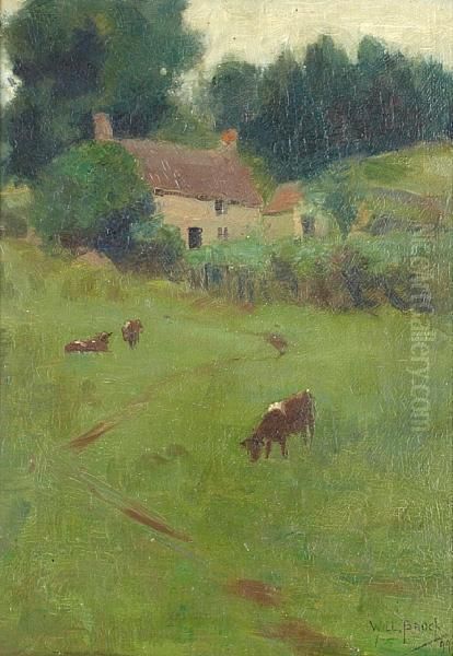 Cattle Grazing Before A Cottage Oil Painting by William Brock