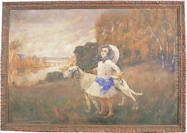 Jeune Fille Tenant Son Setter Dans La Campagne Oil Painting by William Brock