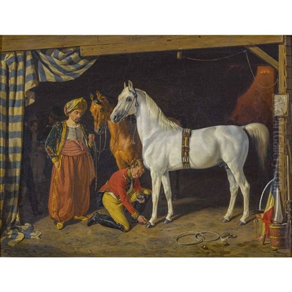 Das Kurfurstliche Reitpferd Seraskier Mit Warter Withard Und Turkischem Herrn Oil Painting by Frederick August Wenderoth