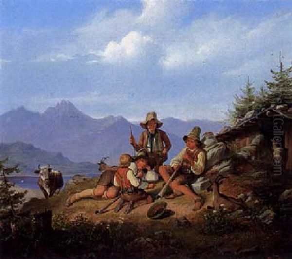 Auf Der Alm Rasten Vier Hirtenjungen Oil Painting by Friedrich Moritz Wendler