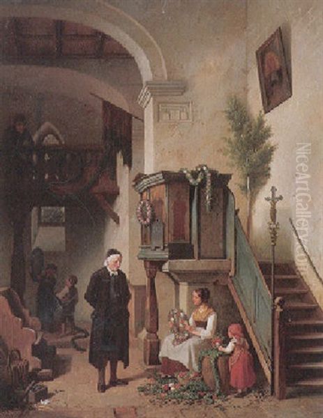 Junge Frau Mit Kind In Einer Kirche Unter Der Kanzel Beim Kranze Winden Oil Painting by Friedrich Moritz Wendler