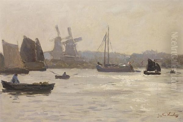 Boote Vor Niederlandischer Kustenlandschaft Oil Painting by Gustav Wendling