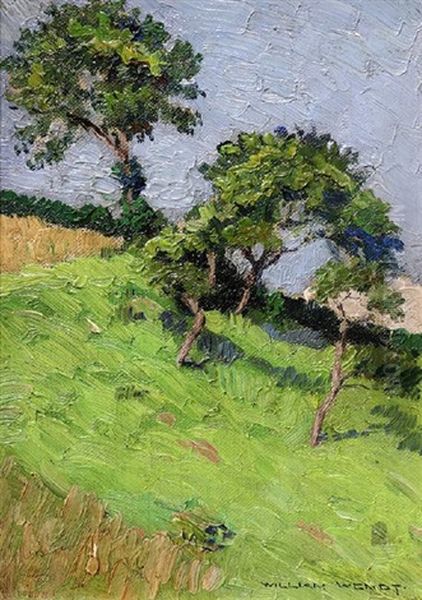 Trees On A Grassy Hillside Oil Painting by William Wendt