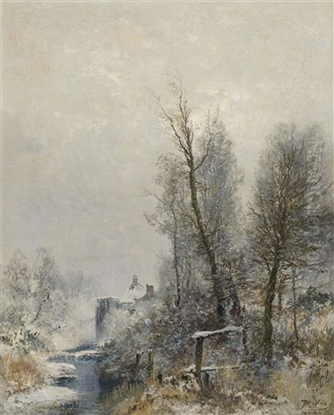 Winter Stream Landscape Oil Painting by Josef Wenglein