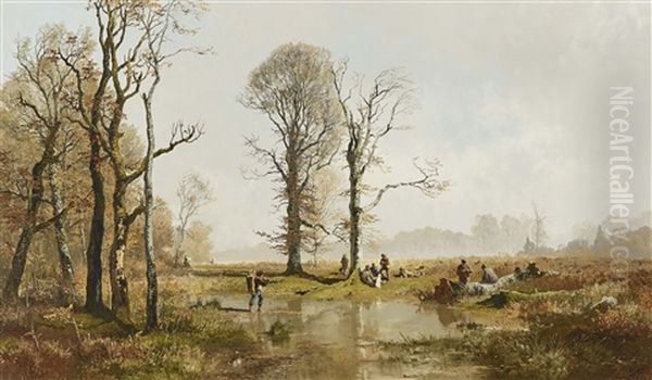 Resting Hunters In The Moss Oil Painting by Josef Wenglein