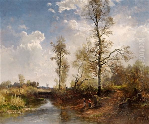 Figures In A River Landscape Oil Painting by Josef Wenglein