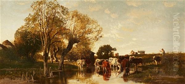 Landscape With Cattle Oil Painting by Josef Wenglein