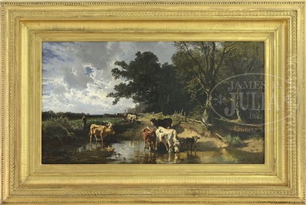 Barbizon Style Pastoral Landscape Oil Painting by Josef Wenglein