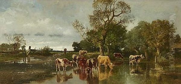 Rinder An Der Wasserstelle Oil Painting by Josef Wenglein