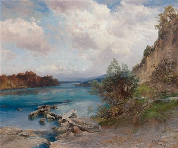 Isar Landscape Oil Painting by Josef Wenglein