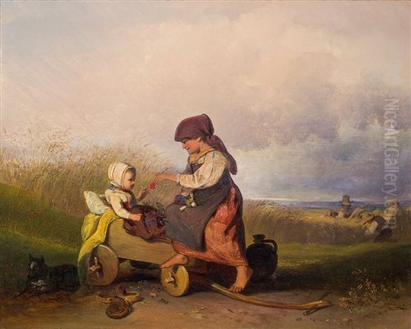 Geschwisterliche Fursorge Oil Painting by Johann Baptist Wengler