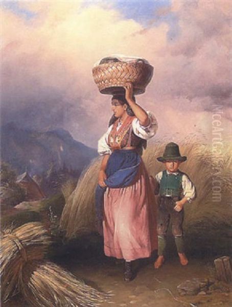 Mutter Mit Kind Auf Hochalm Im Salzkammergut Oil Painting by Johann Baptist Wengler