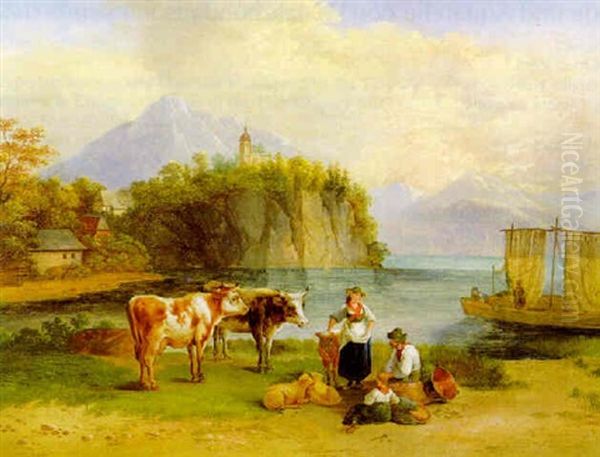 Weideidyll Am Traunseeufer Oil Painting by Johann Baptist Wengler