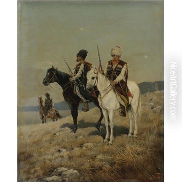 Cossacks On Horseback Oil Painting by Karl Bogdanovich Wenig