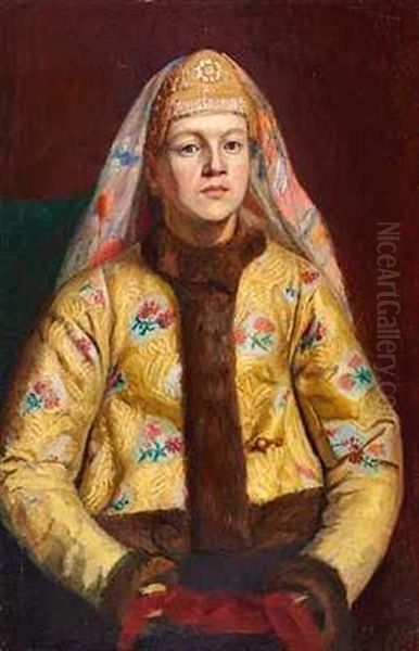 A Portrait Of A Young Woman In Traditional Russian Attire Oil Painting by Karl Bogdanovich Wenig