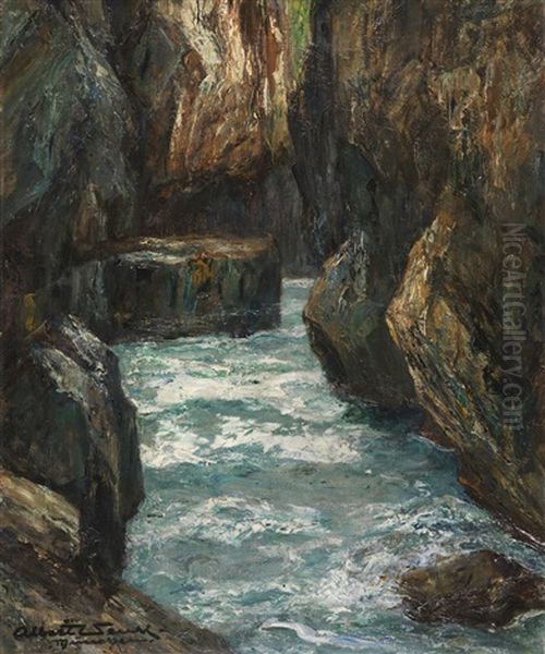 In Der Partnachklamm Bei Partenkirchen Oil Painting by Albert Wenk