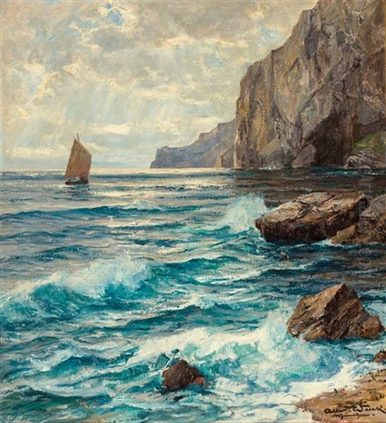 Kustenlandschaft An Der Amalfitana Mit Prachtvollem Lichteinfall Und Segelboot Oil Painting by Albert Wenk