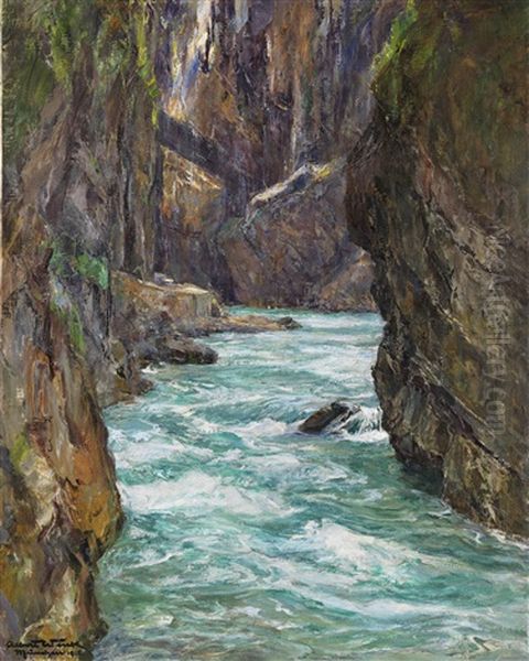 Die Partnachklamm Bei Partenkirchen Oil Painting by Albert Wenk