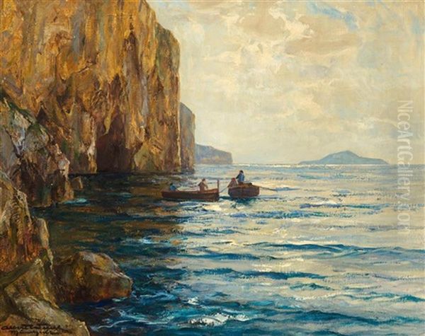 Felsenkuste Bei Capri Mit Ruderbooten Oil Painting by Albert Wenk