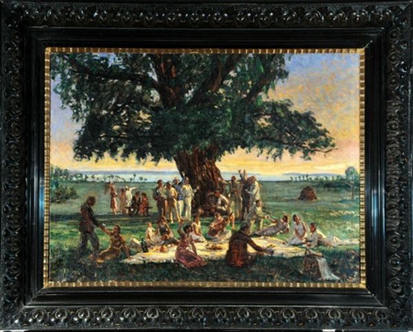 Feiernde Kunstlergesellschaft Beim Picknick Am See Oil Painting by Brynolf Wennerberg