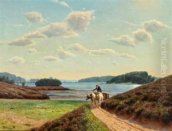 Landscape With Ox-drawn Cart On A Path In The Background View Over A Inlet Oil Painting by Emil August Theodor Wennerwald