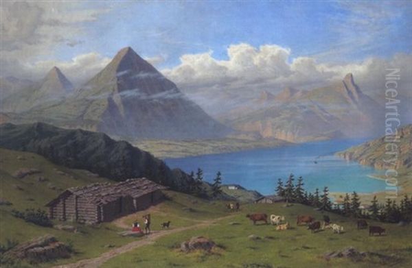 Blick Auf Einen Gebirgssee Mit Figurlicher Staffage Oil Painting by Johannes Louis Wensel