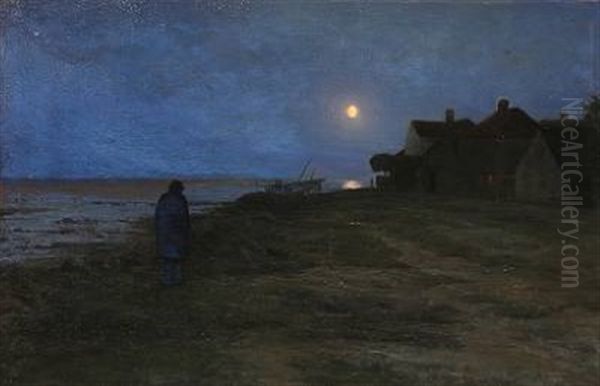 Coastal Scene From Dragor In Denmark At Moonlight Oil Painting by Carl Christian Ferdinand Wentorf