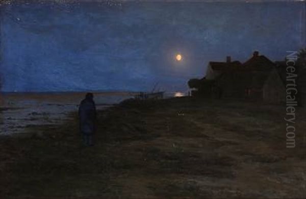 Coastal Scene From Dragor In Denmark At Moonlight Oil Painting by Carl Christian Ferdinand Wentorf