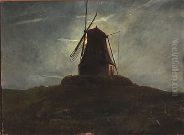 Late Evening With A View To A Mill In Moonlight Oil Painting by Carl Christian Ferdinand Wentorf