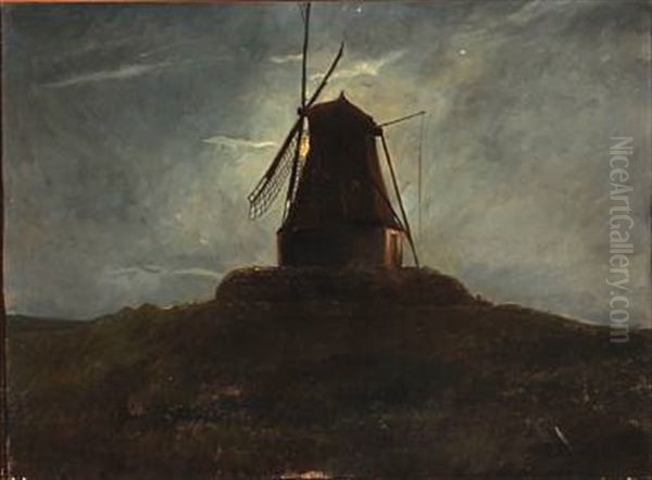 Late Evening With A View To A Mill In Moonlight Oil Painting by Carl Christian Ferdinand Wentorf