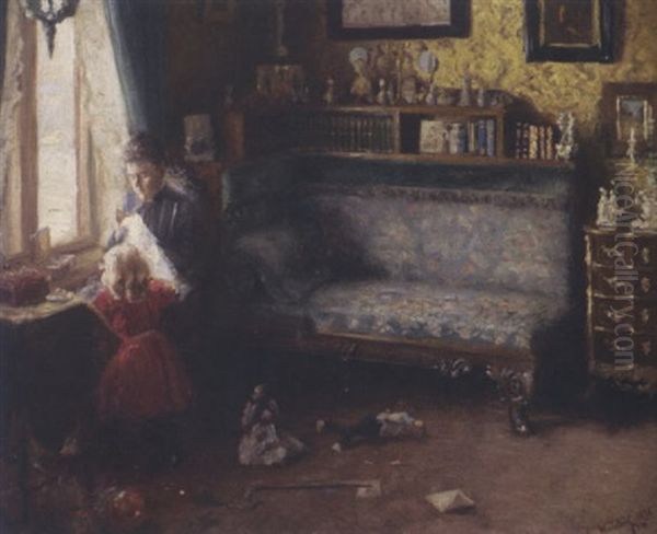 Interior With Mother & Child Oil Painting by Carl Christian Ferdinand Wentorf