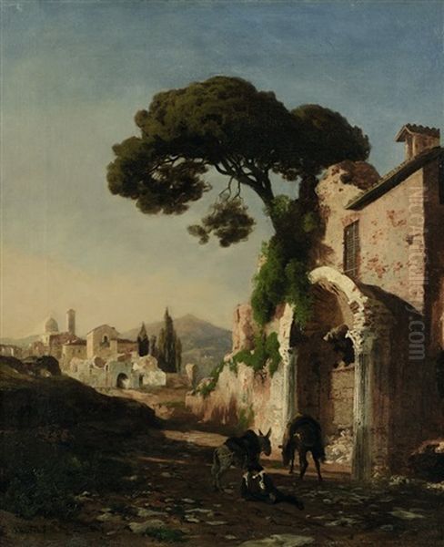 Rastender Mit Zwei Eseln In Italienischer Landschaft Oil Painting by Julius Wentscher