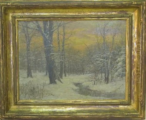 Winter Sunset Landscape With Brook Running Through Snowy Woodland Oil Painting by Daniel F. Wentworth