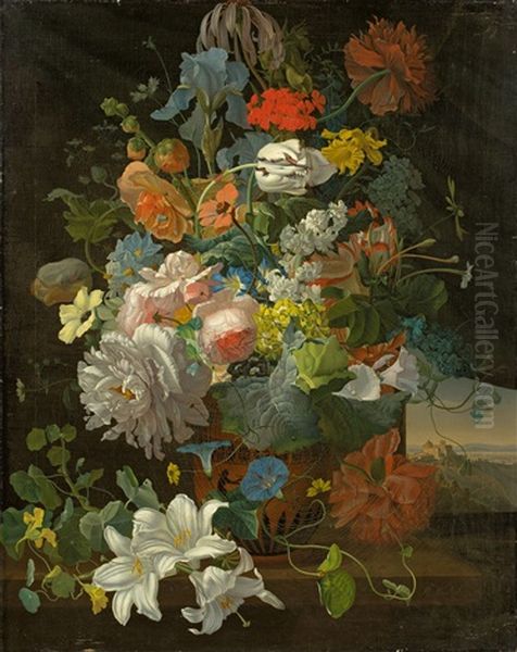 Floral Still Life With View Of The Castel Gandolfo Oil Painting by Michael Wentzel