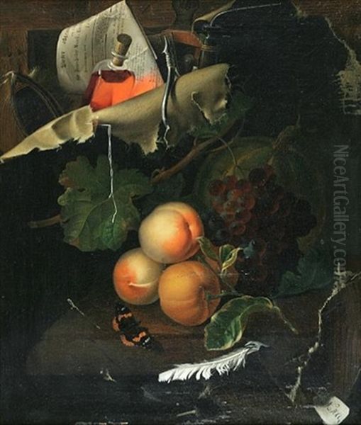 Still Life Of Fruit, A Butterfly, Tools And A Bottle Oil Painting by Michael Wentzel