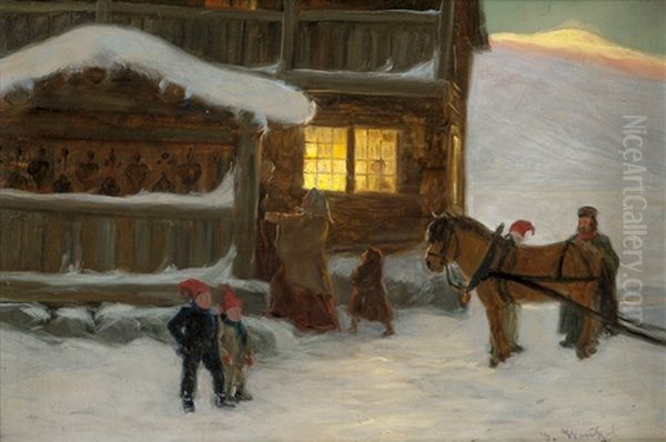 Fjellgard Med Folkeliv, Vinter Oil Painting by Nils Gustav Wentzel