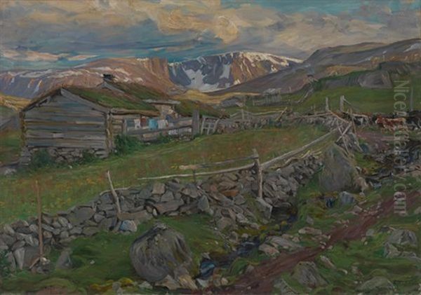 Seter Pa Hoyfjellet Oil Painting by Nils Gustav Wentzel