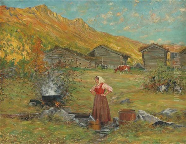 Gardslandskap Med Bondekone Oil Painting by Nils Gustav Wentzel