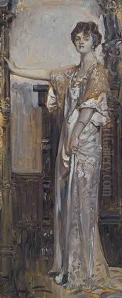 Haughty Woman Standing By Carved Wood Furniture (illus. For Hearst's International) Oil Painting by Albert Beck Wenzell