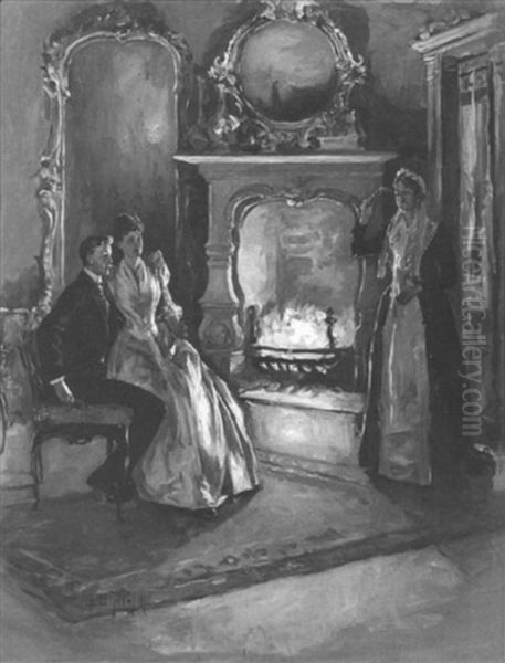 Couple Seated In Front Of Fireplace Interrupted By Older Woman Oil Painting by Albert Beck Wenzell