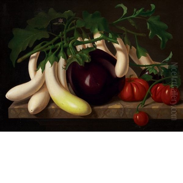 Still Life With Eggplant, Tomatoes And Squash On A Marble-topped Table by Wilhelmina Wenzler